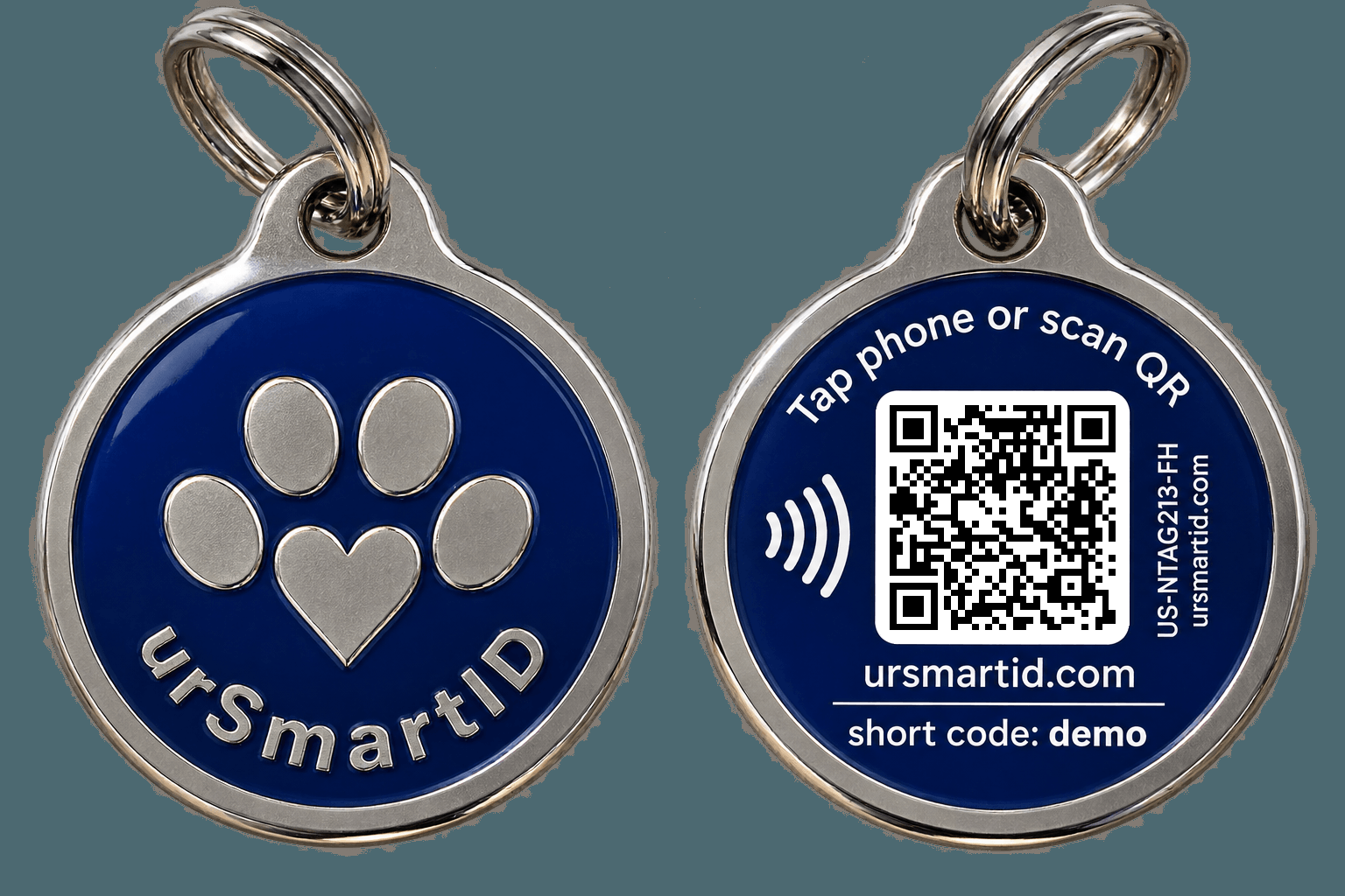 The urSmartID tag shown front and back — a round stainless-steel pet ID tag with the urSmartID paw mark on the front and a tap-or-scan panel on the back.